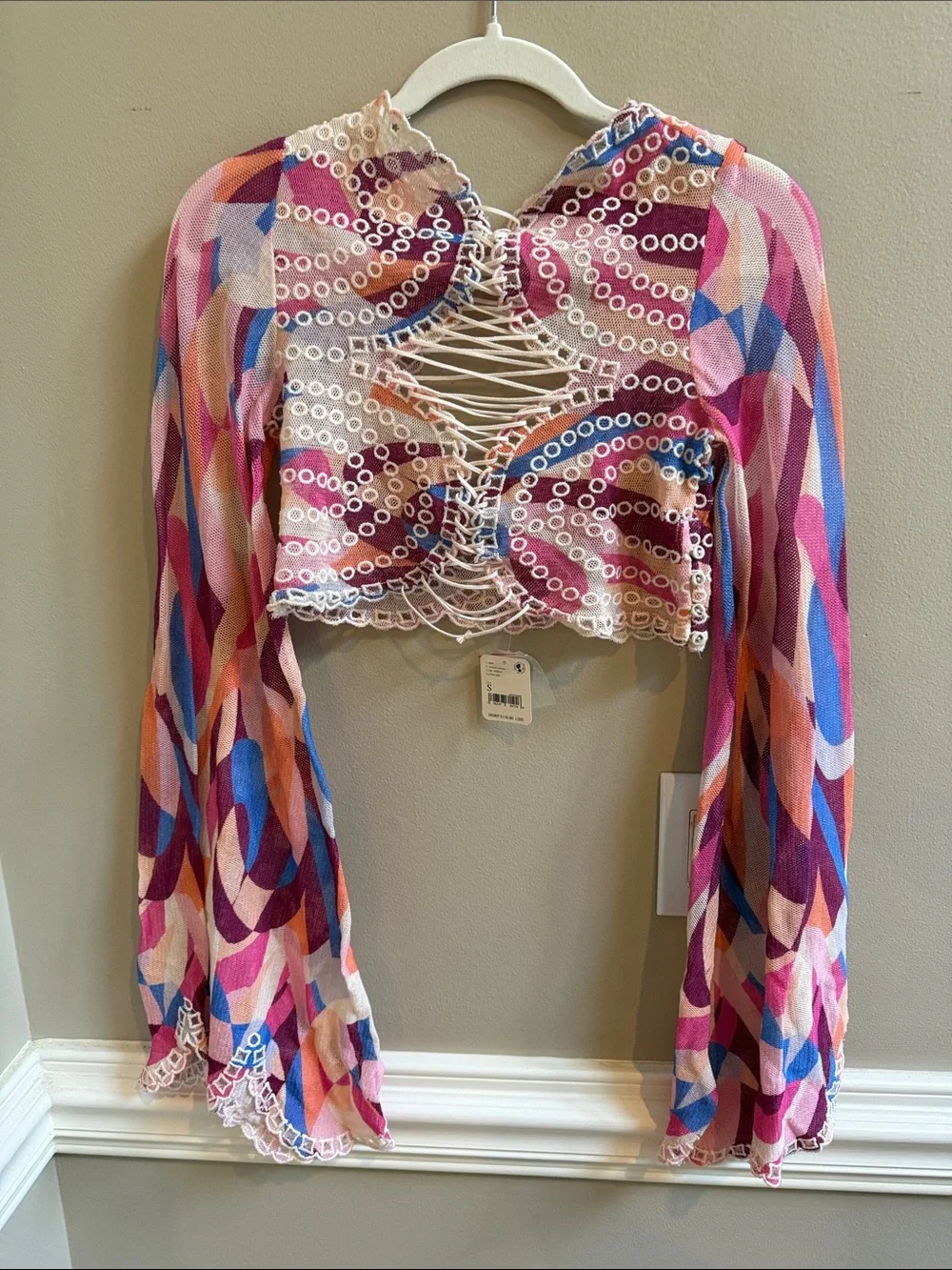 Free People Eyes On You Lace Up Mesh Crop Top Swirl Bell Sleeve Small NWT
